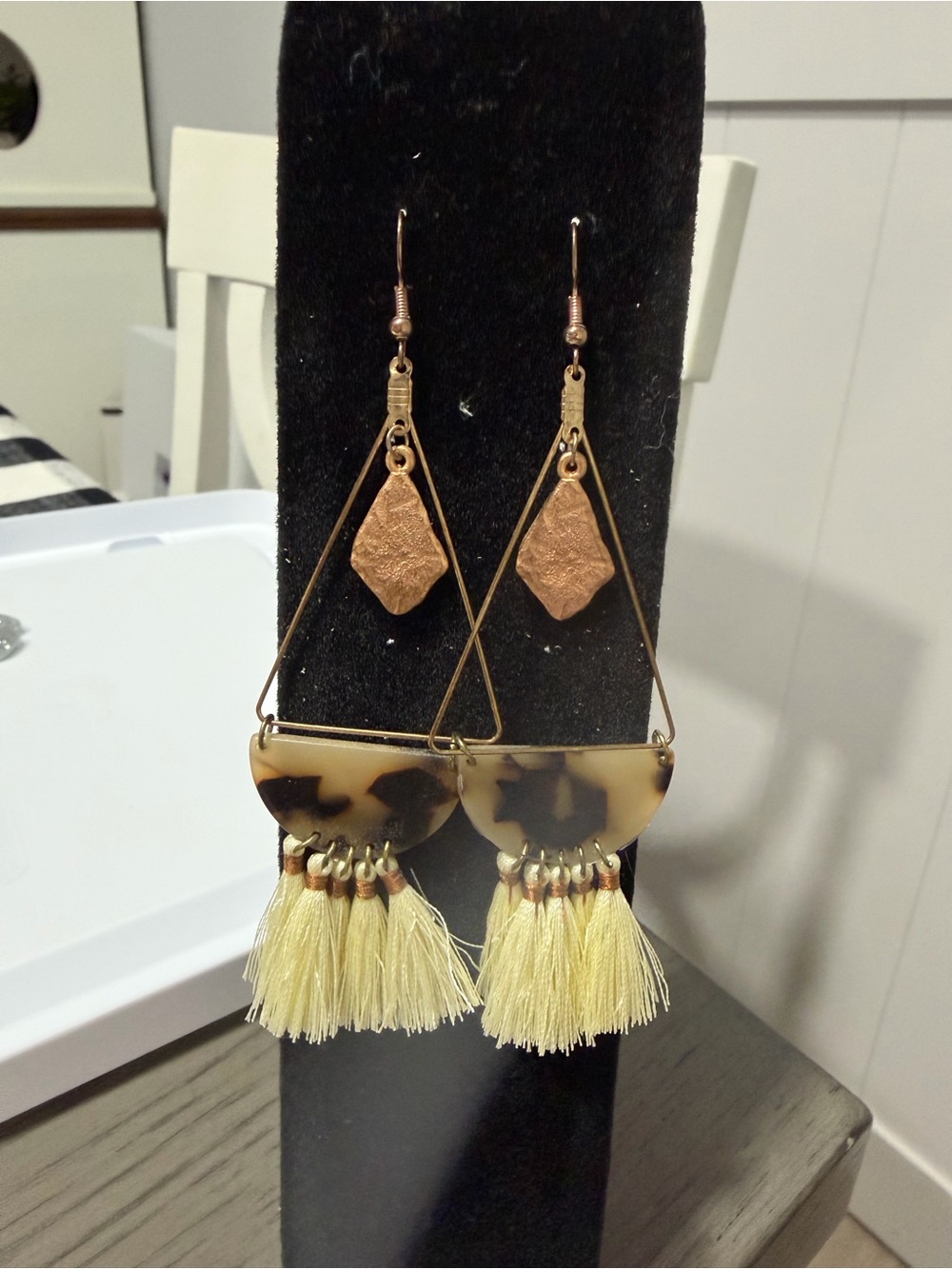 Boho Tortoiseshell and Cream Tassel Drop Earrings